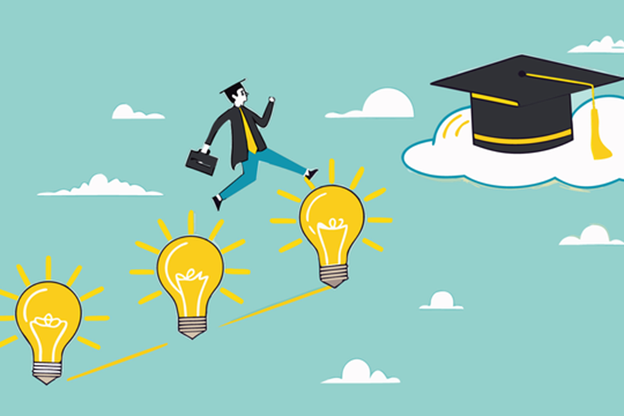 Graduate using idea lightbulbs as stepping stones to a graduation cap